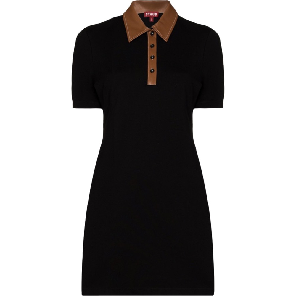 STAUD Black and Brown Ribbed Polo Mini Dress